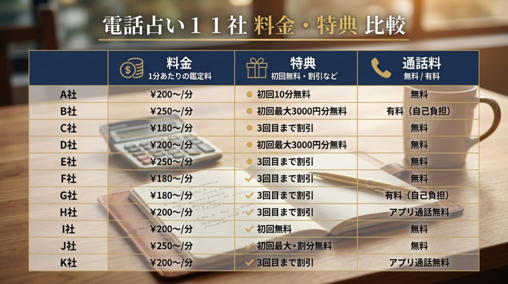 提携11社の料金・特典・通話料 一覧比較表