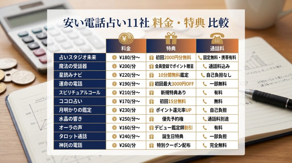 安い電話占い11社の料金・特典 比較表