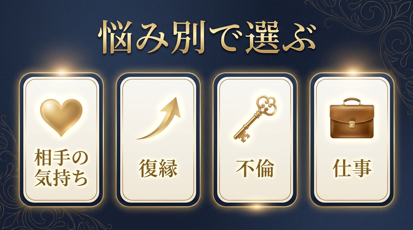 悩み別で選ぶ｜恋愛・復縁・不倫・仕事