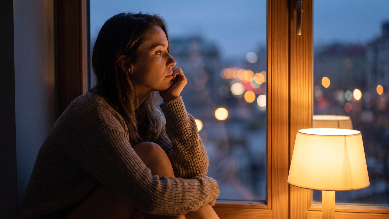 夕方の窓辺で頬杖をつき、恋愛の悩みを考え込む女性。悩み別に得意な先生を探すイメージ